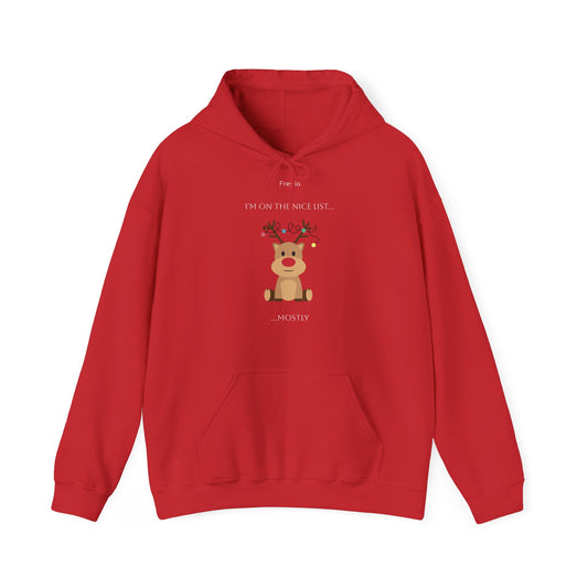 Christmas Reindeer Unisex Hoodie - 'I'm on the nice list...mostly'